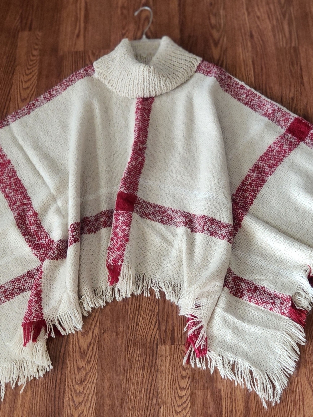 Boutique Cream Poncho Sweater with Red Plaid Trim
